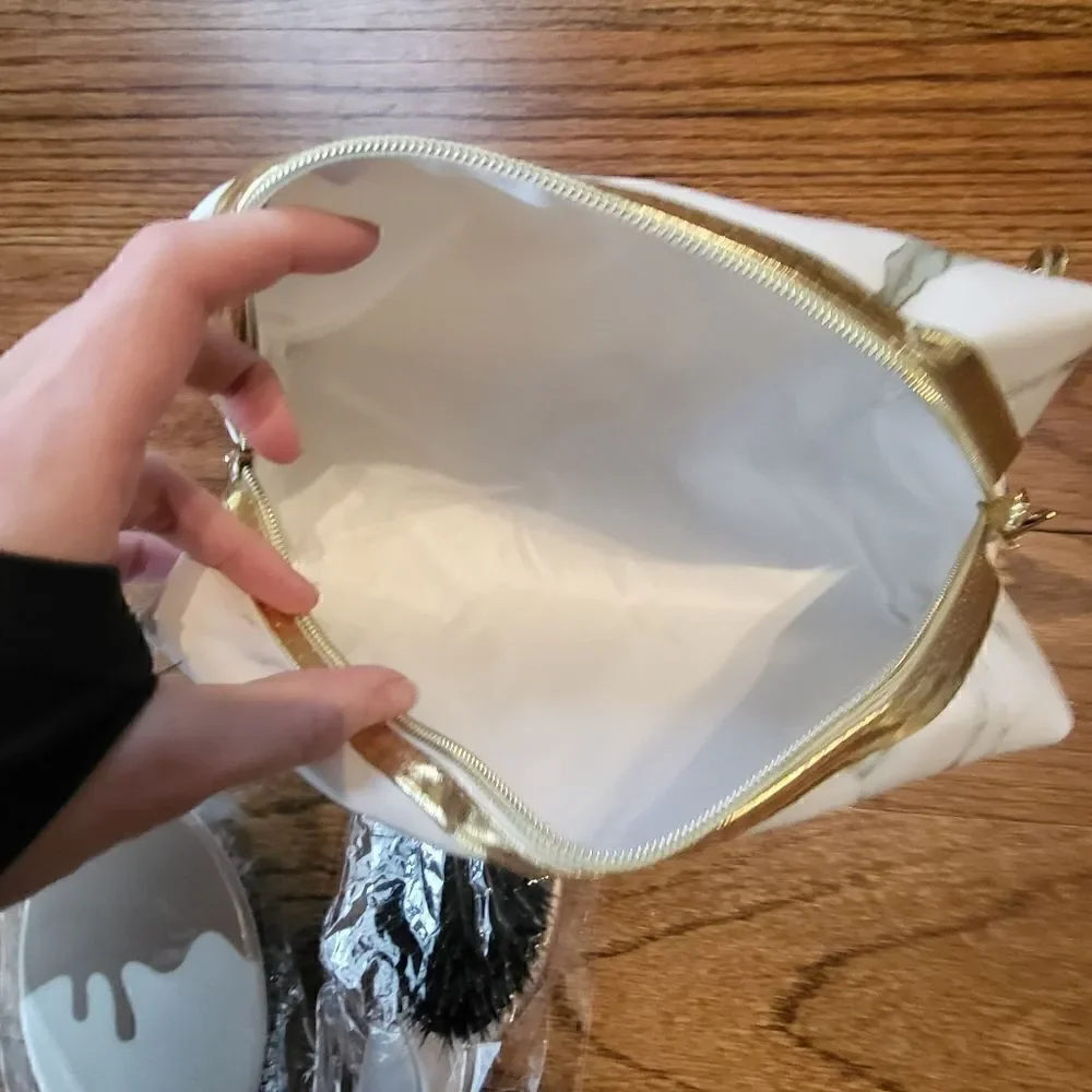 Cosmetic bag with wet brush and dry brush, hidden crown hair